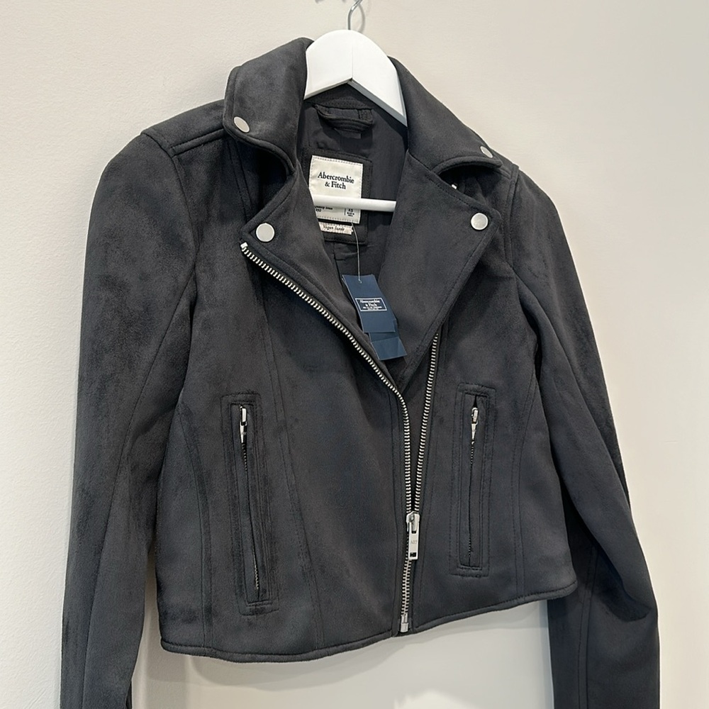 Abercrombie Leather Jacket Vegan Suede Charcoal Gray Black Moto Winter Size XS - Picture 2 of 16